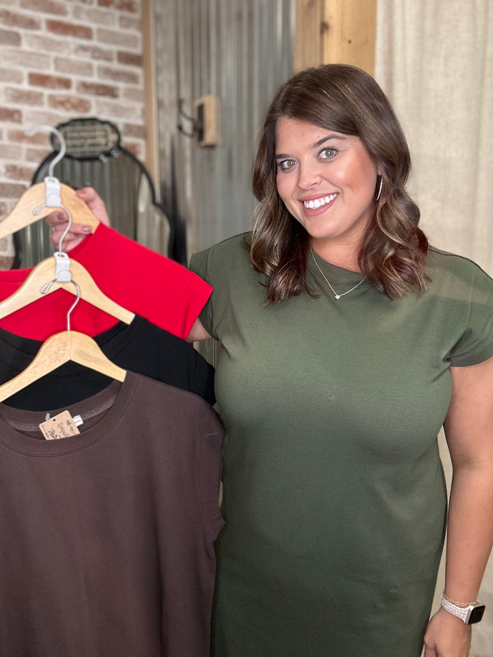 ROUND NECK SHORT SLEEVE MIDI DRESS | Dk Olive