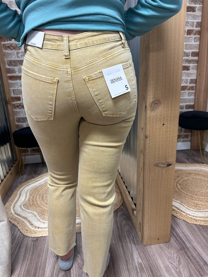 MUSTARD- ACID WASHED HIGH WAIST CROPPED STRAIGHT PANTS