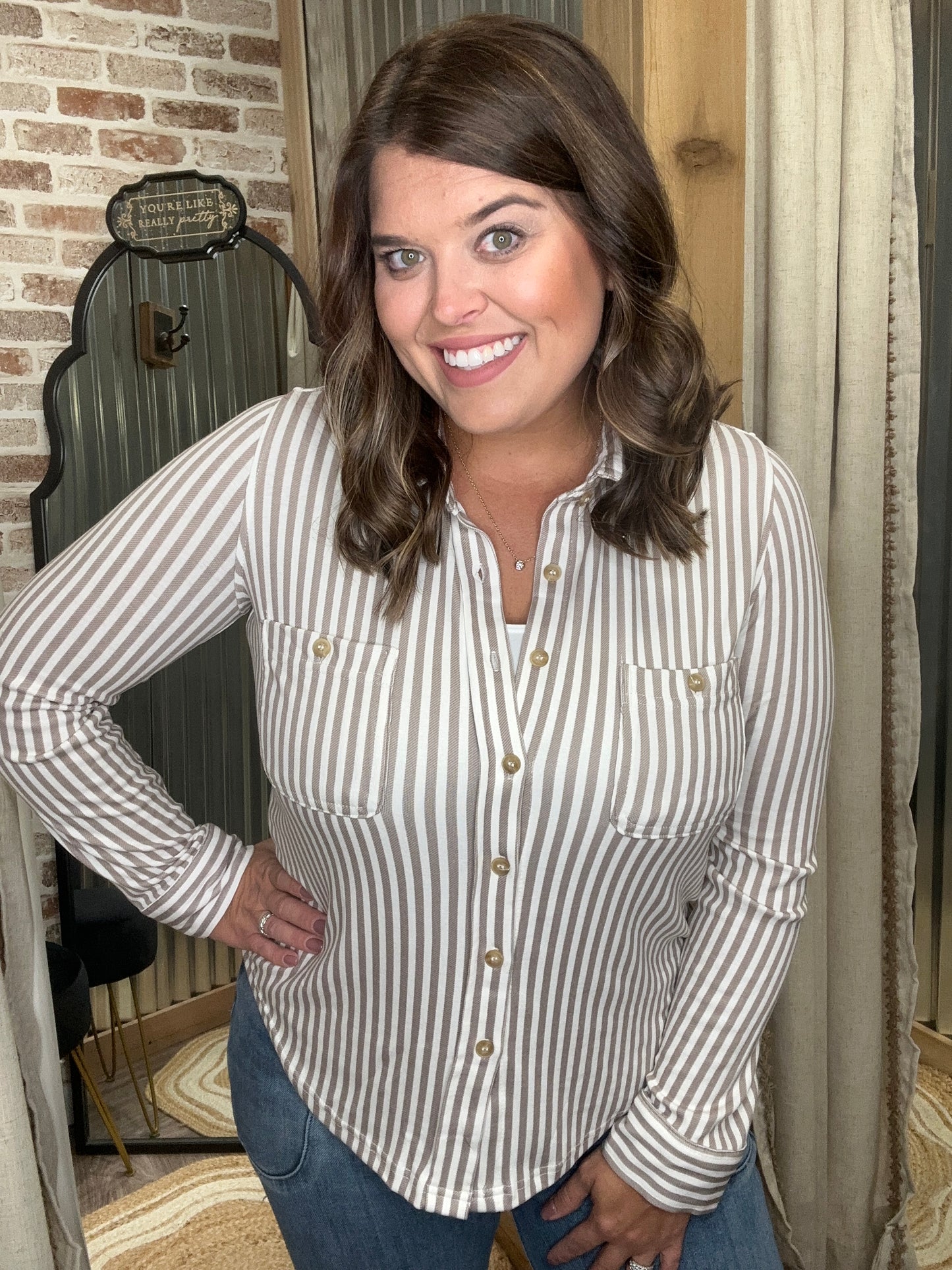 Here they come button down top