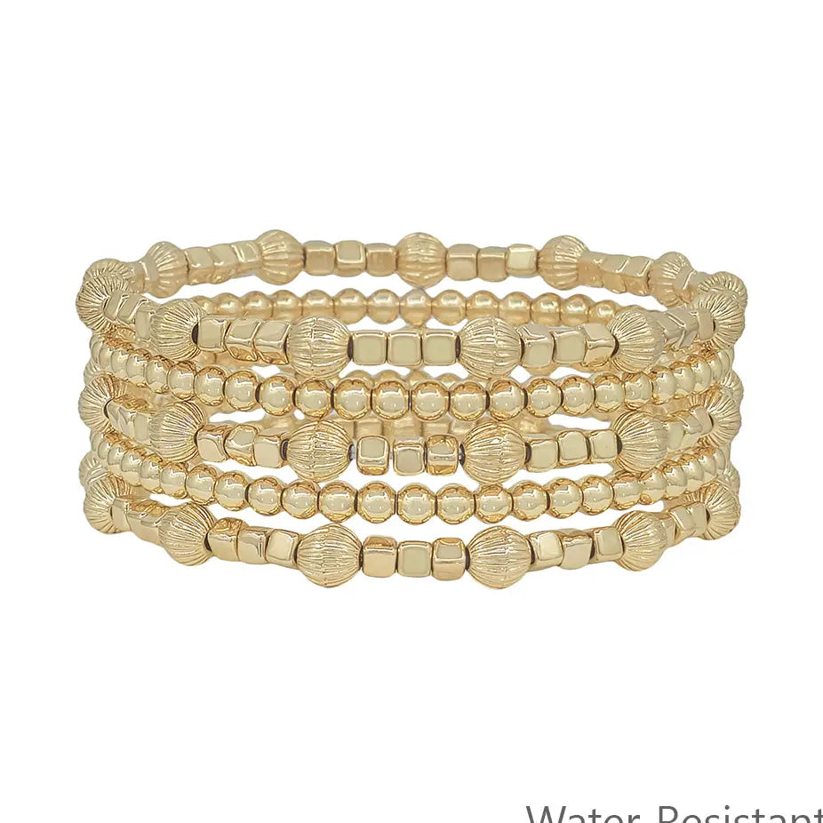Gold Beaded with Cross Set of 5 Stretch Bracelets
