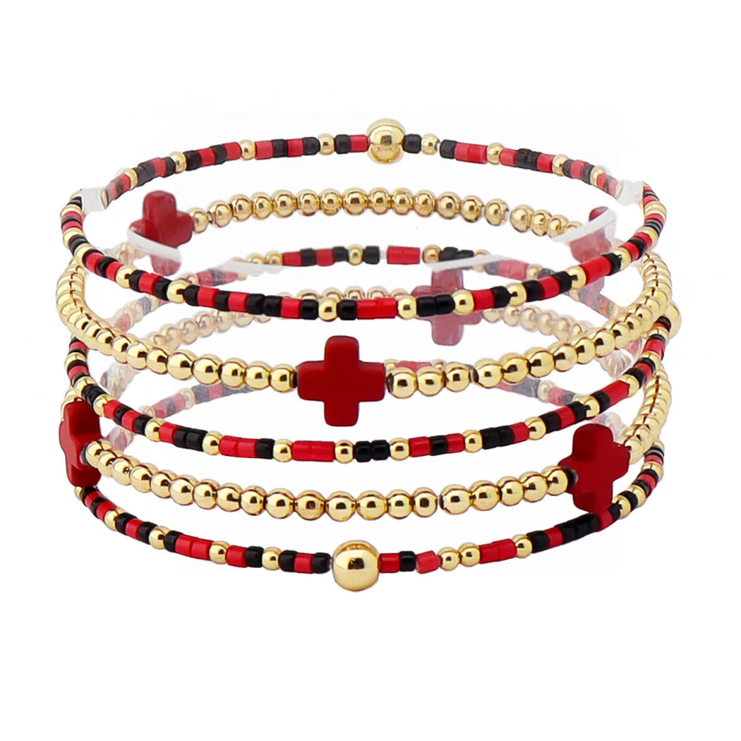 GAME DAY CROSS ACCENT MULTI LAYERED BALL BEADED STRETCH BRACELET