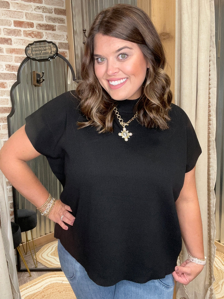 VISCOSE MOCK NECK SHORT SLEEVE BOXY SWEATER | Black