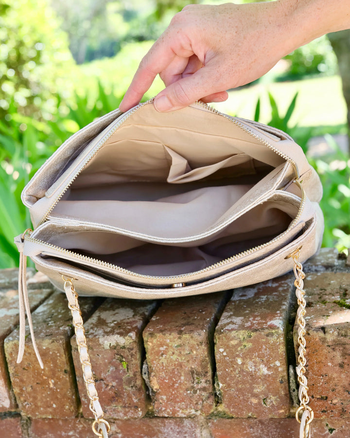 Teegan Tote| Shimmer Champaign