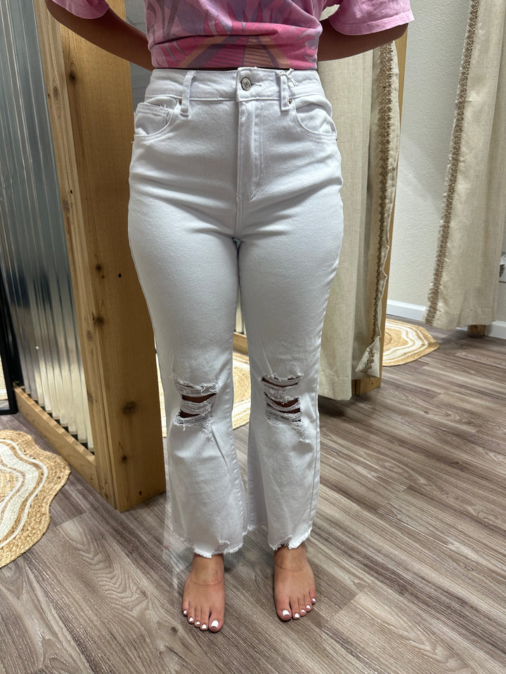 WHITE- ACID WASHED HIGH WAIST DISTRESSED STRAIGHT PANTS