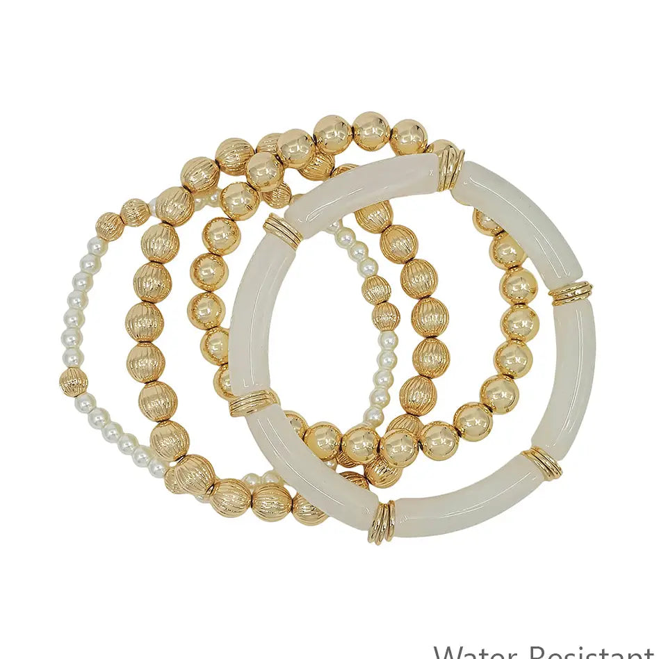 Set of 4 White Resin with Gold and Pearl Beaded Stretch Bracelets