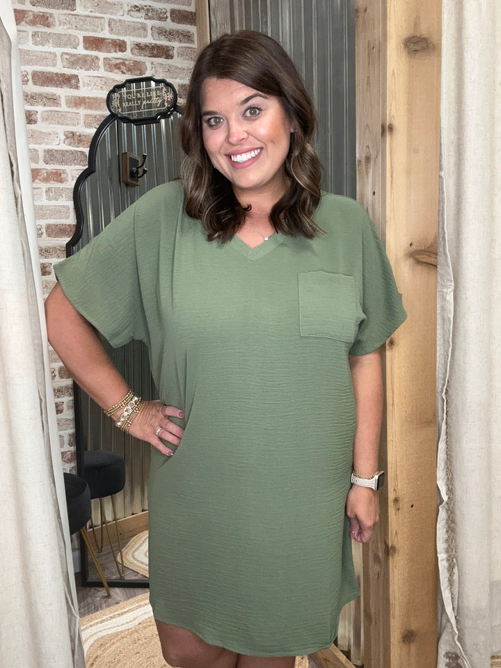 WOVEN AIRFLOW V NECK T SHIRT DRESS WITH POCKETS | Lt Olive
