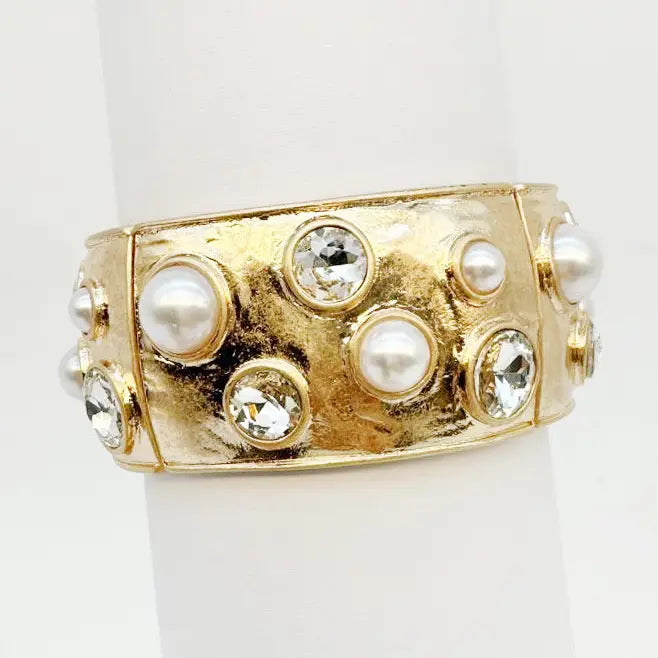 Gold Hammered Stretch Bangle with Pearl and Clear Crystal Accents