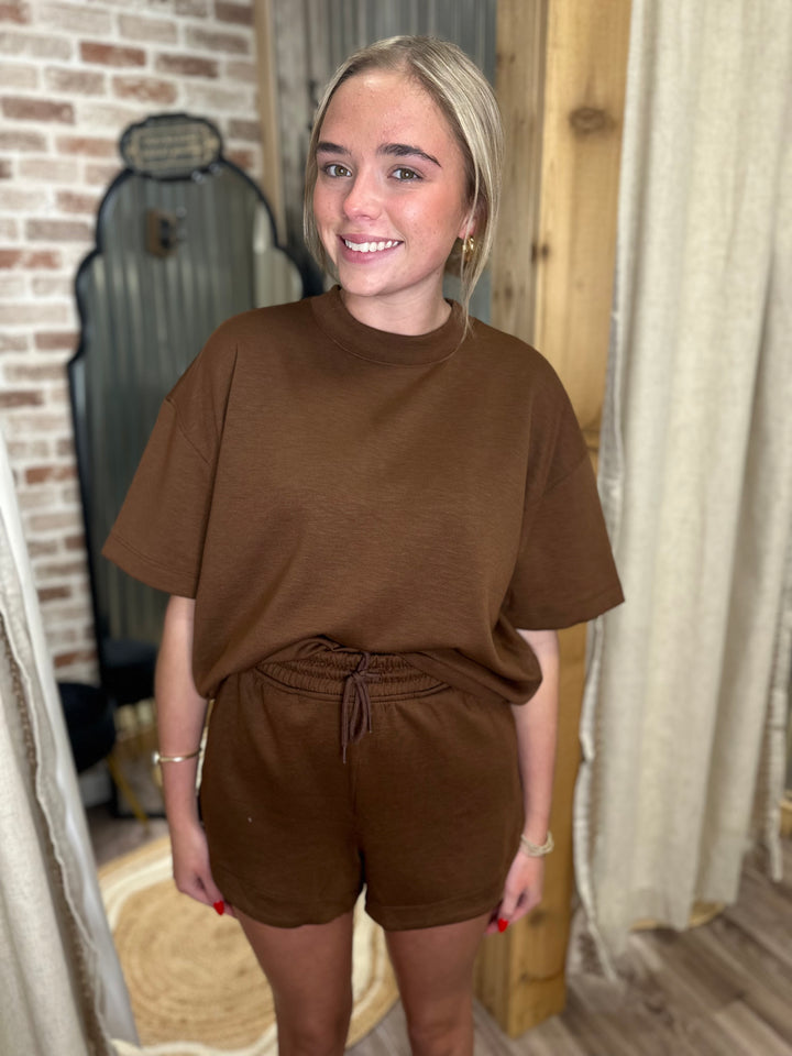 SCUBA HIGH NECK TOP & DOLPHIN SHORTS SET | Brown