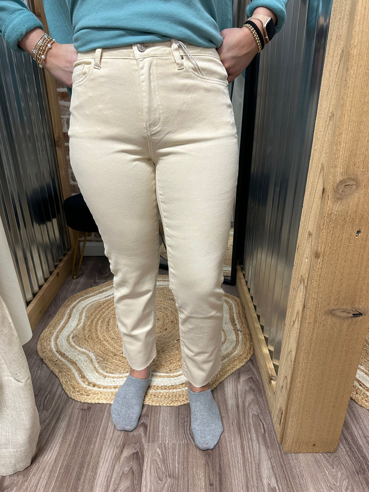 CREAM BEIGE- ACID WASHED HIGH WAIST CROPPED STRAIGHT PANTS