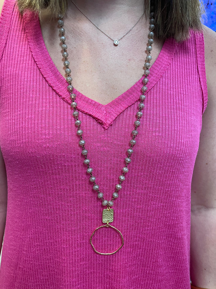 Beaded Hammered Circle Pendant Necklace