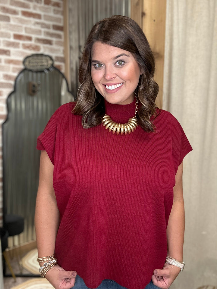 VISCOSE MOCK NECK SHORT SLEEVE BOXY SWEATER | Cabernet