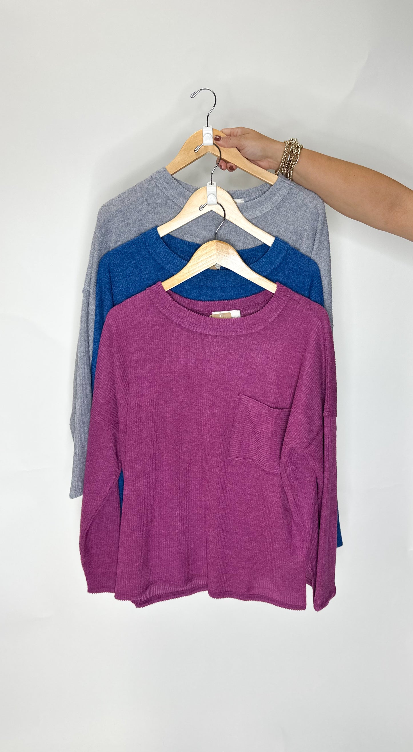 Ribbed Brushed Melange Hacci Sweater w/ Pocket - Lt Navy