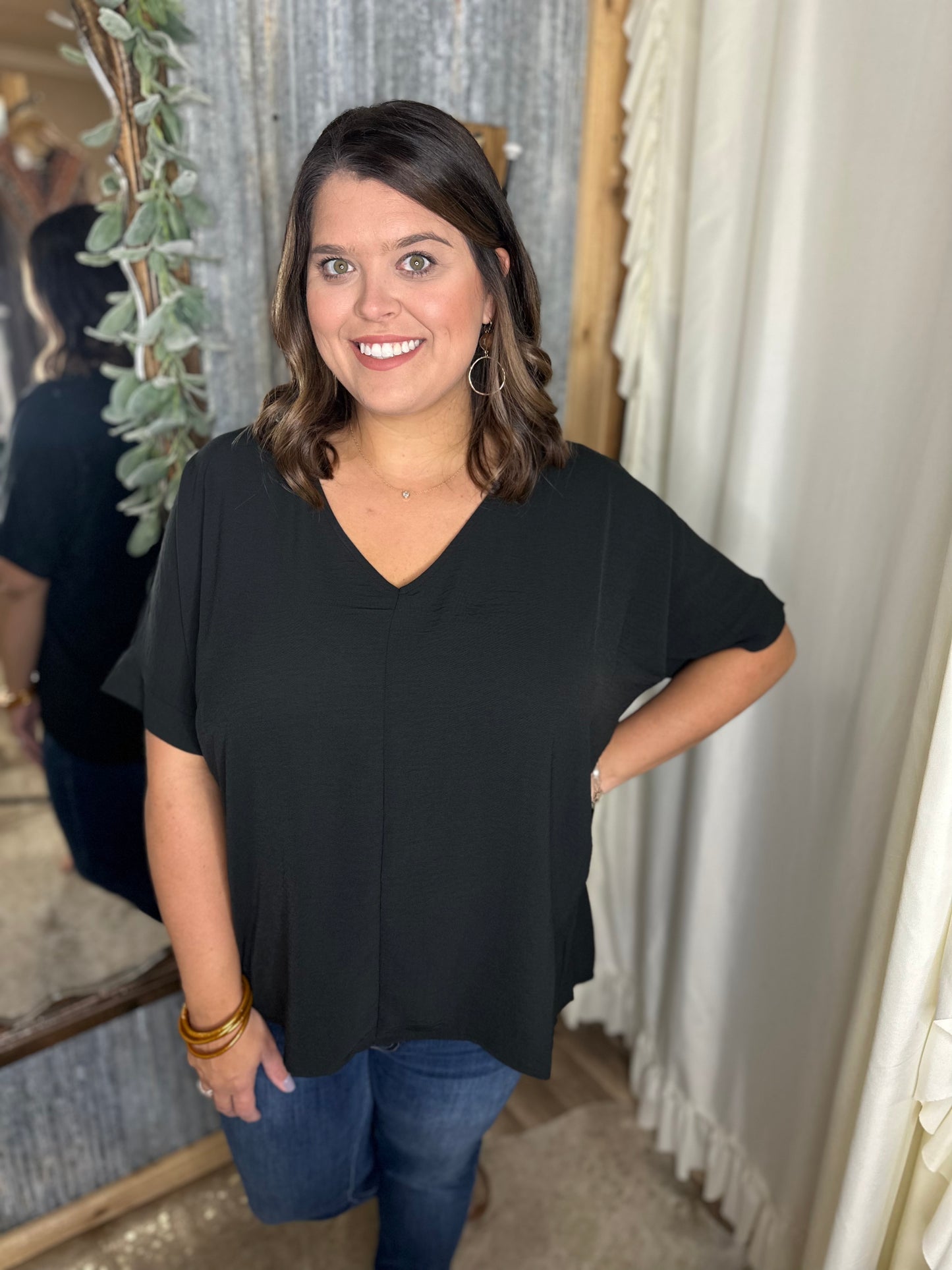 Woven Airflow V Neck Dolman Short Sleeve Top-Black