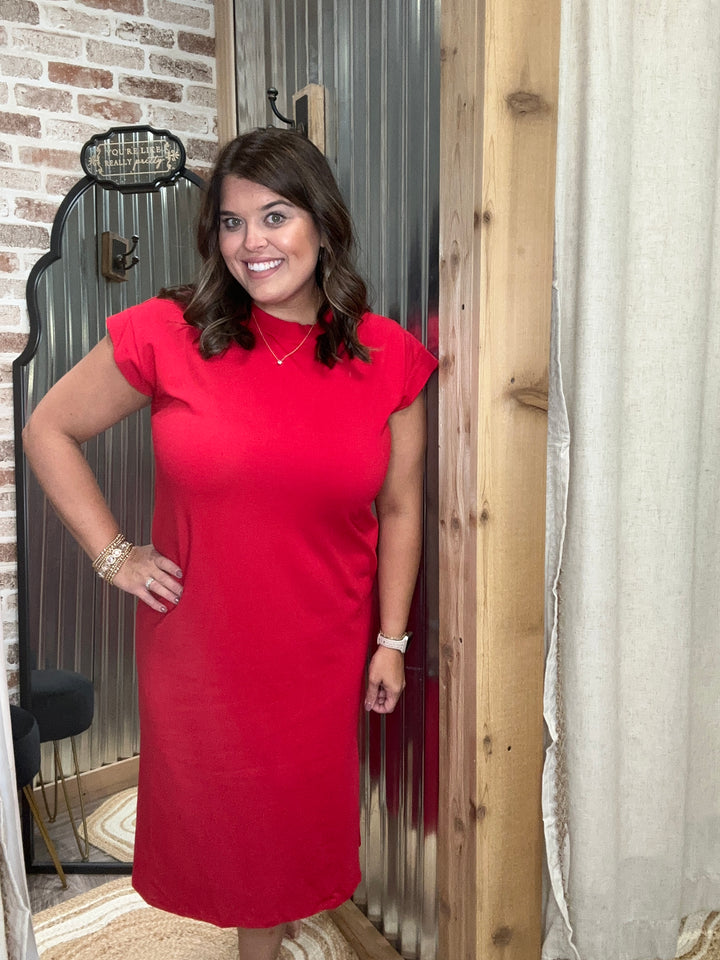 ROUND NECK SHORT SLEEVE MIDI DRESS | Red