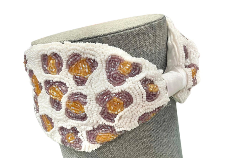 White, Lavender, Gold Seed Bead Leopard Headband
