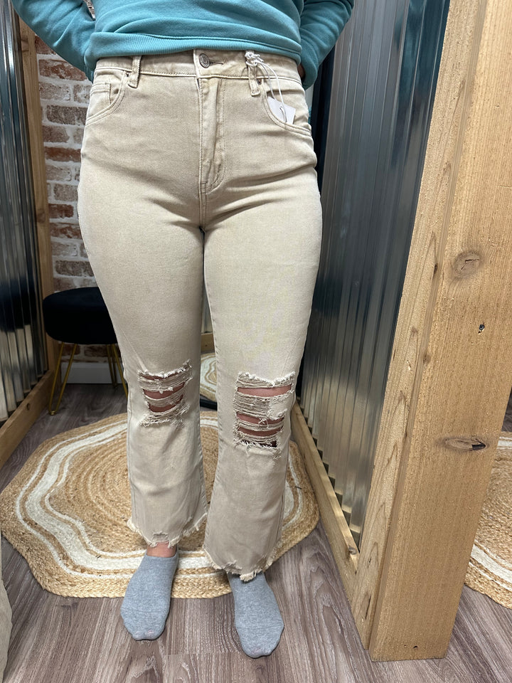 SAND BEIGE- ACID WASHED HIGH WAIST DISTRESSED STRAIGHT PANTS