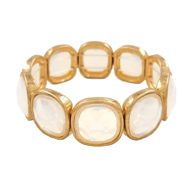 White Opal Square Stone and Gold Stretch Bracelet