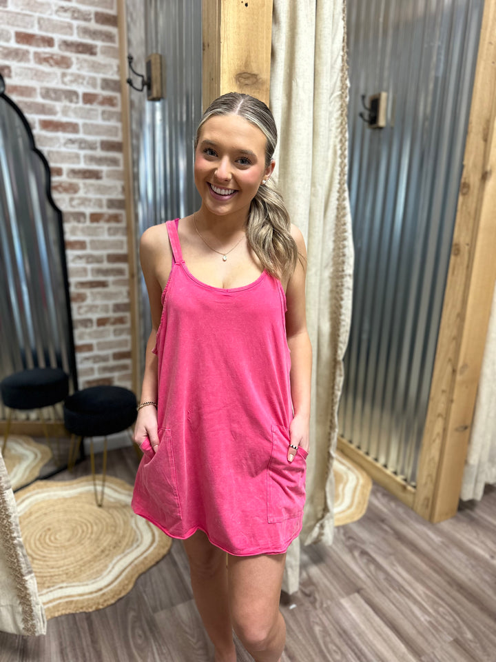 Hot Pink- Mineral Washed Knit Mini Dress with Shorts Inside