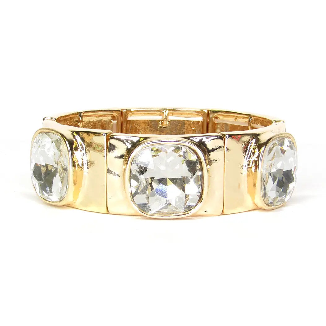 Gold with Clear Crystal with Gold Square Stretch Bracelet