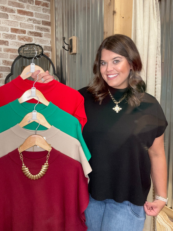 VISCOSE MOCK NECK SHORT SLEEVE BOXY SWEATER | Cabernet