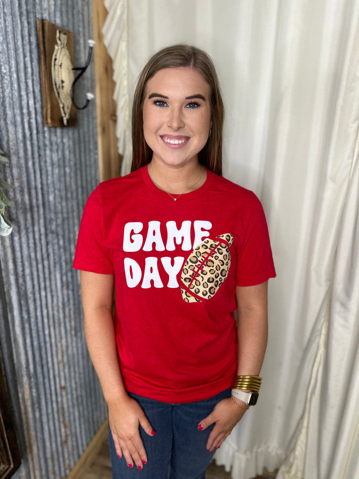 Game Day Leopard Football T-shirt-Red