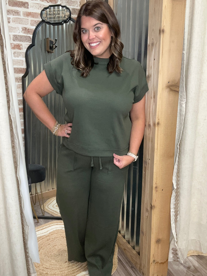 RIBBED SHORT SLEEVE TEE & PANTS SET | Dk Olive