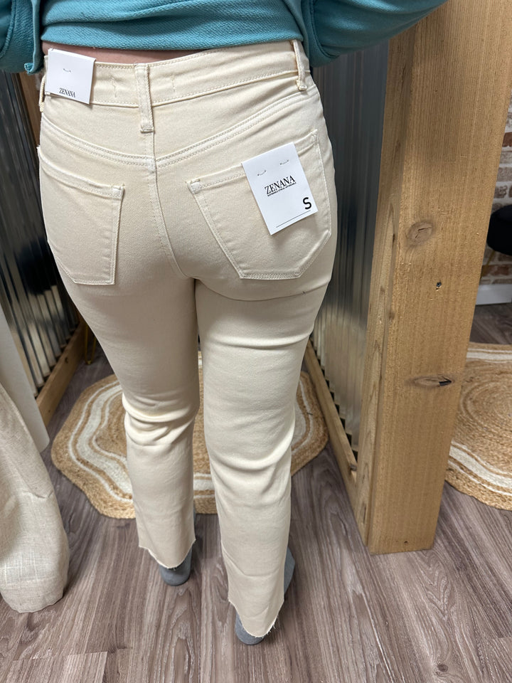 CREAM BEIGE- ACID WASHED HIGH WAIST CROPPED STRAIGHT PANTS