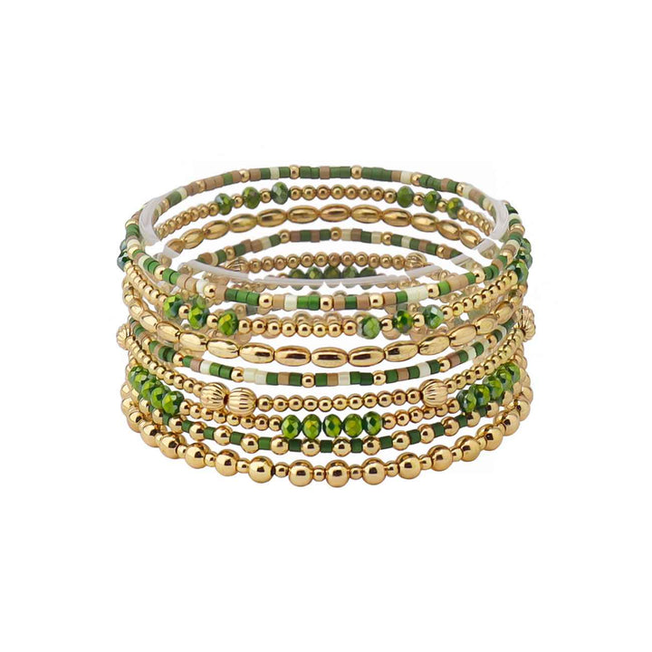 Green Sead Bead and Gold Beaded Set of 9 Stretch Bracelet