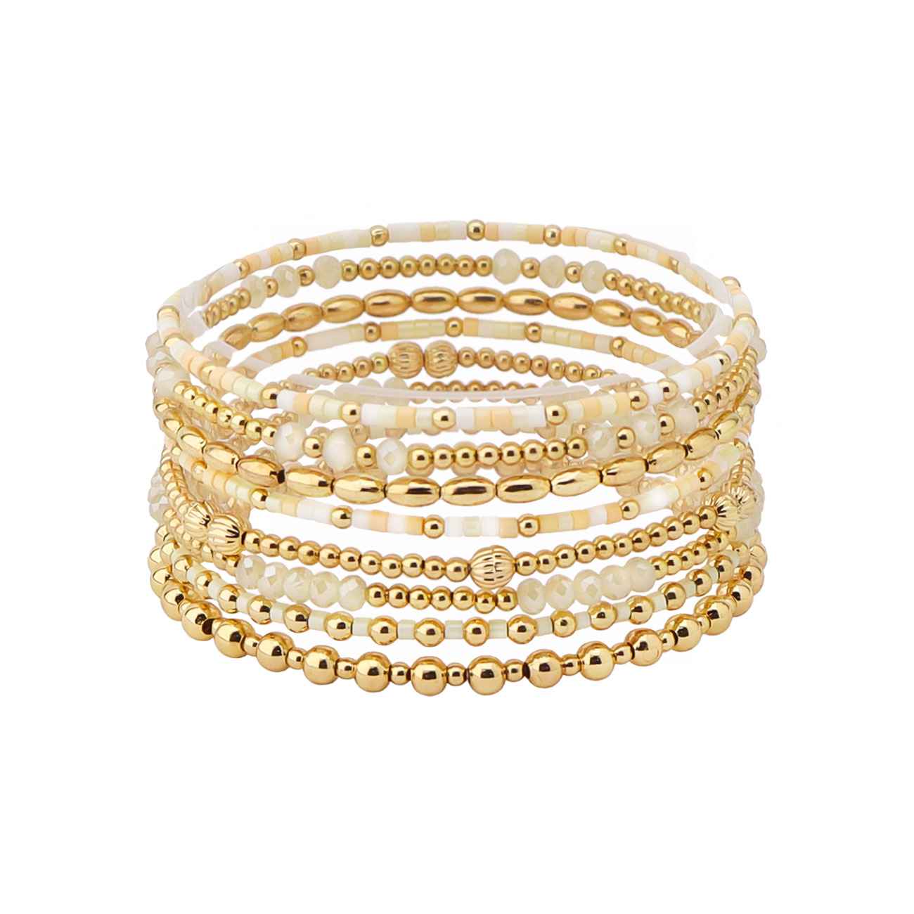 Natural Sead Bead and Gold Beaded Set of 9 Stretch Bracelet