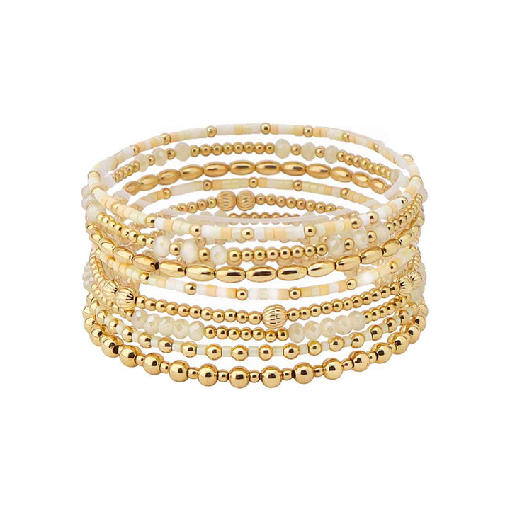 Natural Sead Bead and Gold Beaded Set of 9 Stretch Bracelet