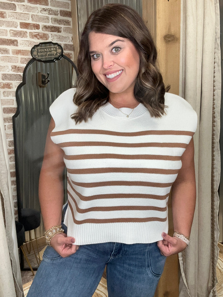 OVERSIZED CREW NECK STRIPE SWEATER VEST | Mocha