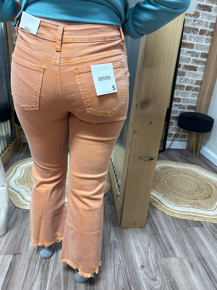 ORANGE- ACID WASHED HIGH WAIST DISTRESSED STRAIGHT PANTS