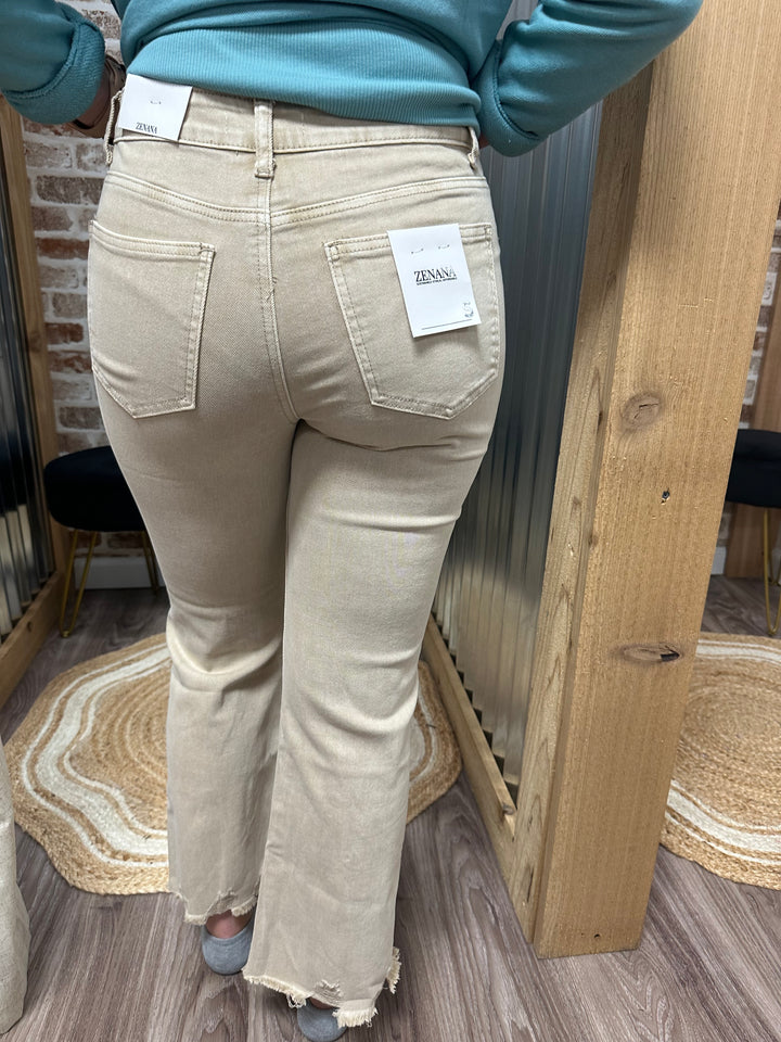 SAND BEIGE- ACID WASHED HIGH WAIST DISTRESSED STRAIGHT PANTS