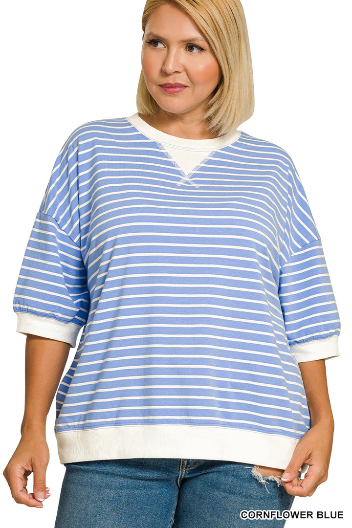 Curvy Salt Air Stripe Top|Cornflower