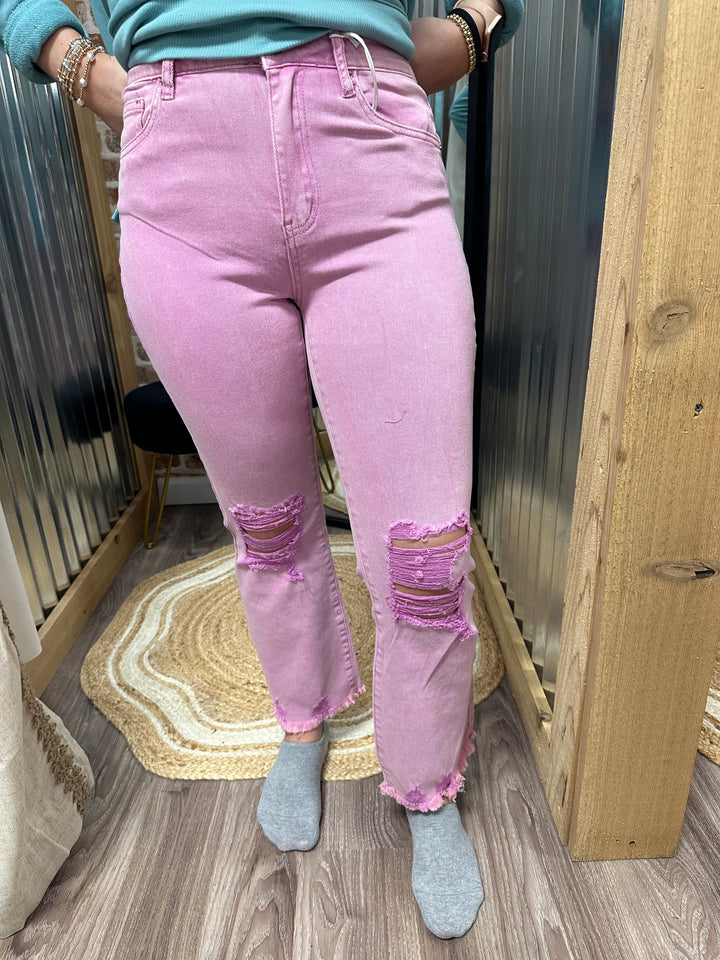 MAUVE- ACID WASHED HIGH WAIST DISTRESSED STRAIGHT PANTS