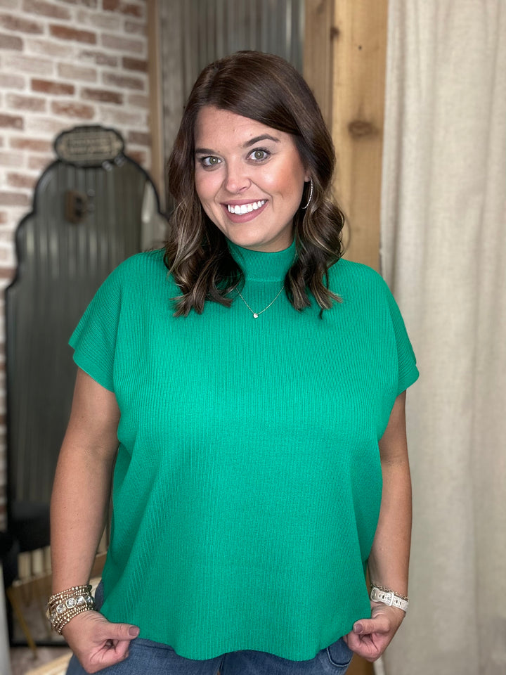 VISCOSE MOCK NECK SHORT SLEEVE BOXY SWEATER | K Green