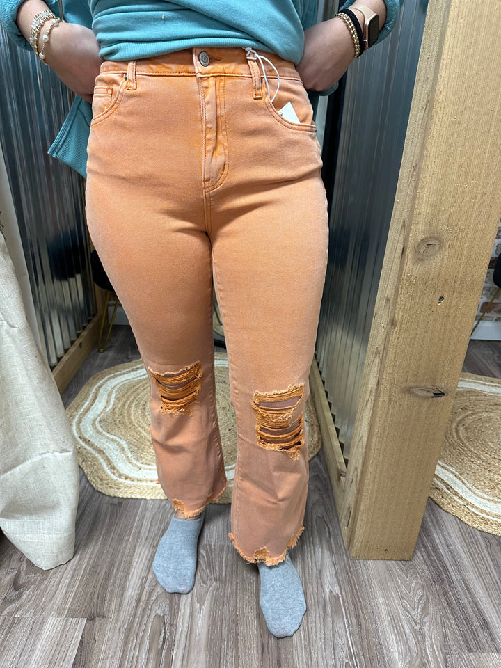 ORANGE- ACID WASHED HIGH WAIST DISTRESSED STRAIGHT PANTS
