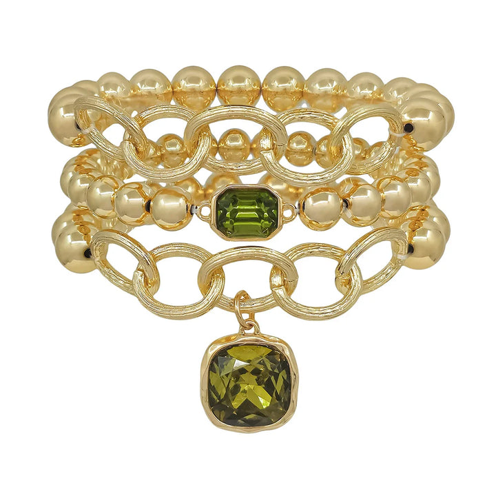Set of 3 8MM & 10MM Green Crystal Stone Stretch Bracelet