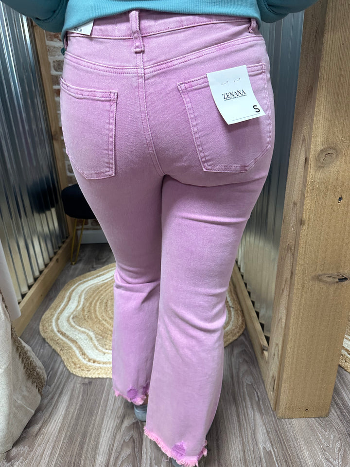 MAUVE- ACID WASHED HIGH WAIST DISTRESSED STRAIGHT PANTS