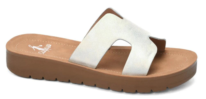 HOLD PLEASE WHITE METALLIC SANDALS | CORKY'S
