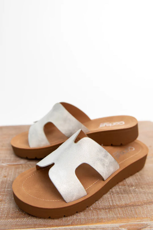 HOLD PLEASE WHITE METALLIC SANDALS | CORKY'S
