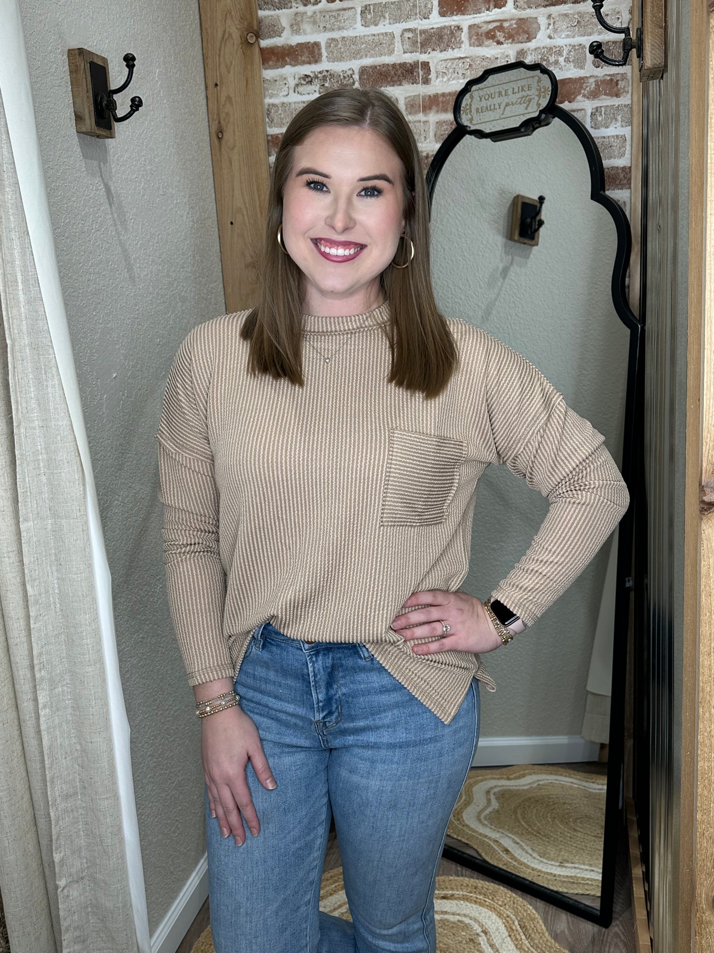 LT Mocha| RAISED RIB LONG SLEEVE DROP SHOULDER TOP