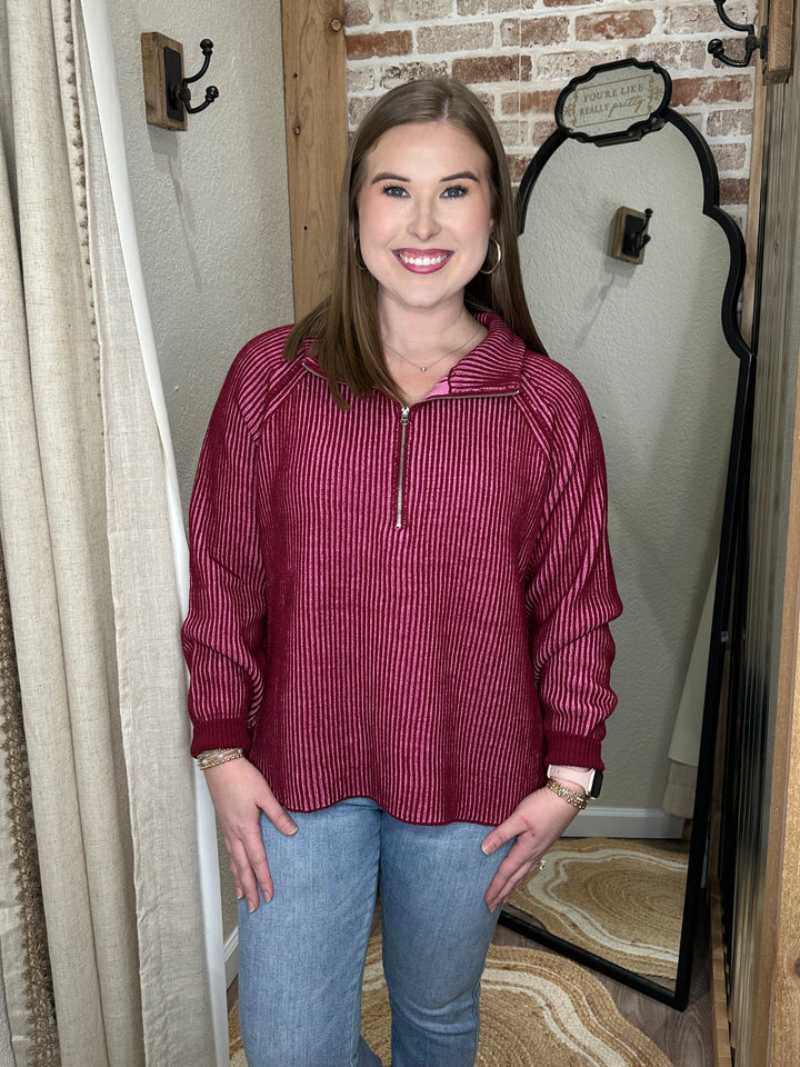 Cabernet| TWO TONE HALF ZIP SWEATER