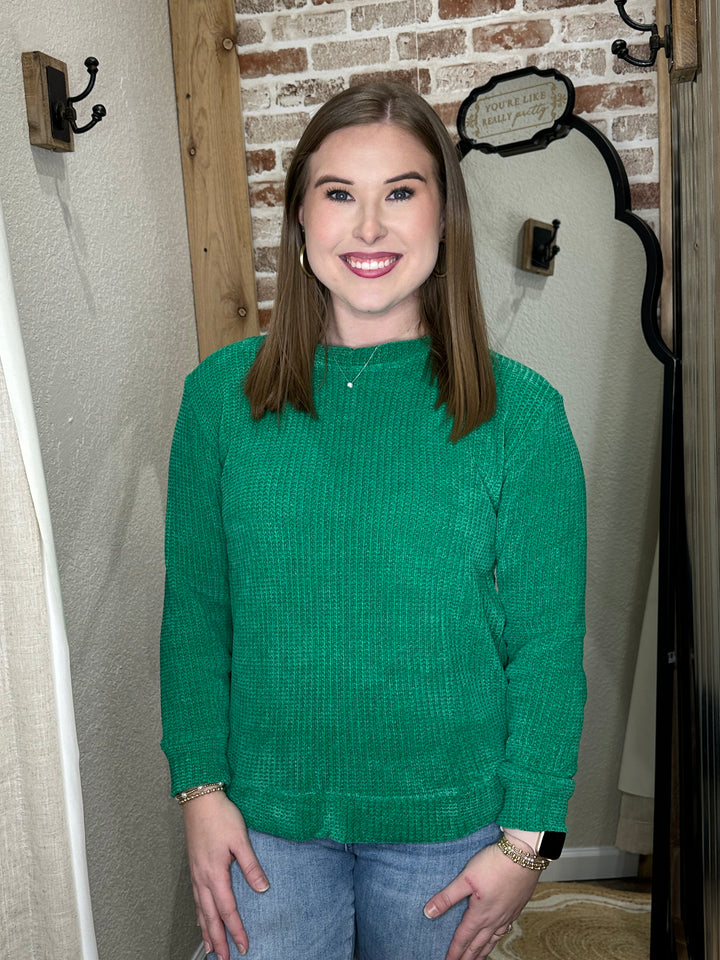Kelly Green| CHENILLE WAFFLE ROUND NECK SWEATER
