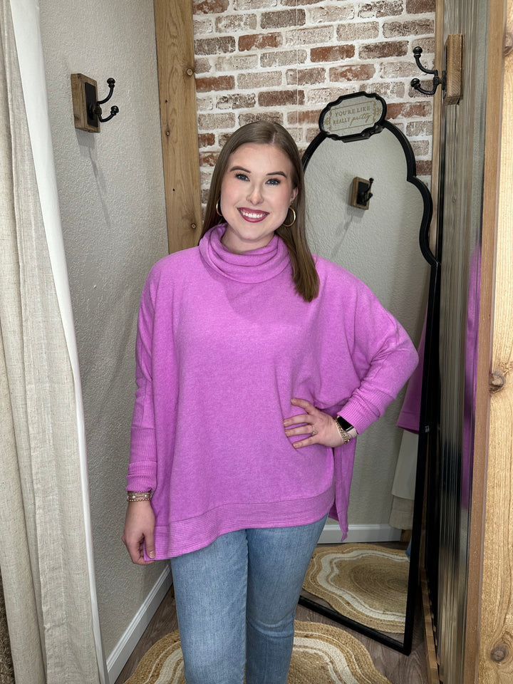 Bright Mauve| BRUSHED MELANGE COWL NECK PONCHO SWEATER