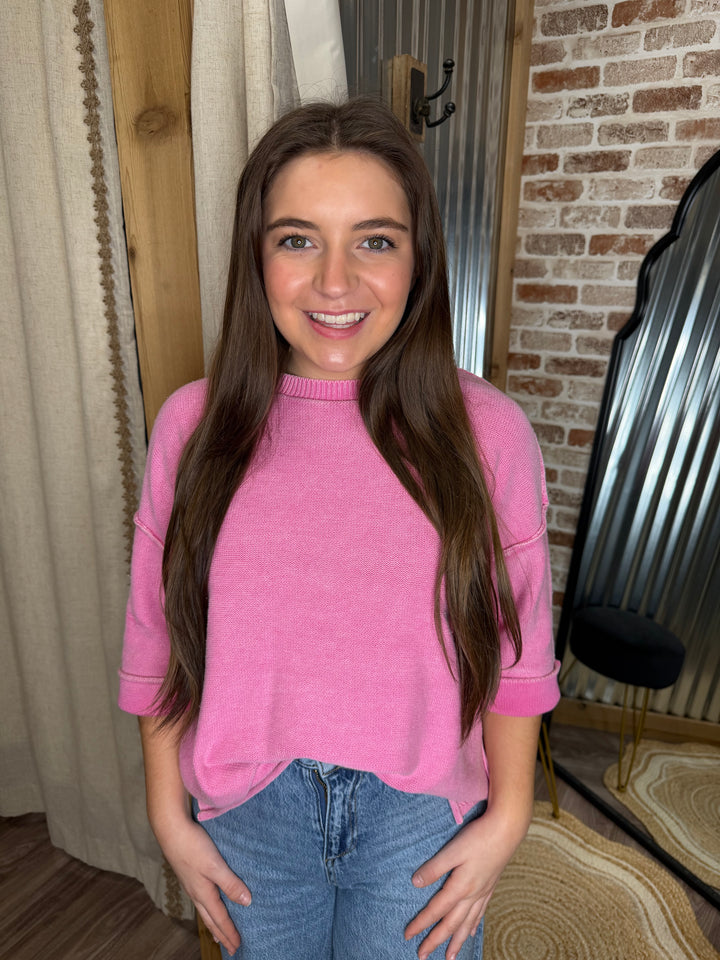 Candy Pink| WASHED 3/4 SLEEVE BOXY SWEATER