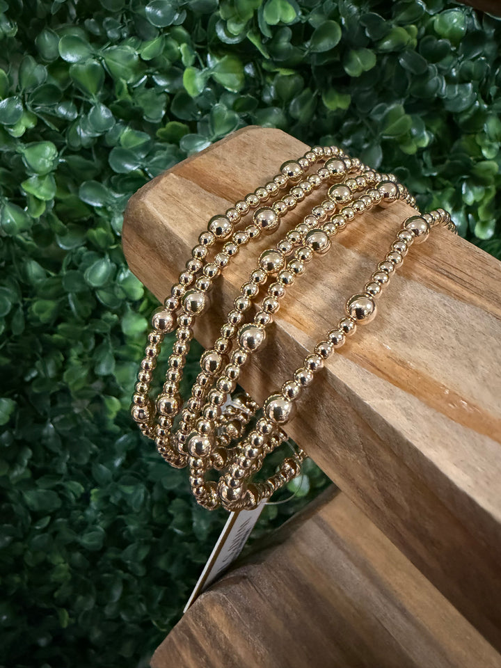 Water Resistant Set of 5 5MM & 3MM Gold Beaded Stretch Bracelet Set