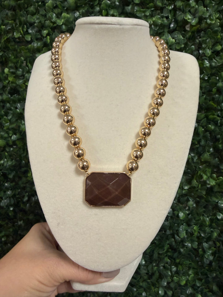 8MM Gold Ball with Brown Rectangle 1.5" Stone 16"-18" Necklace