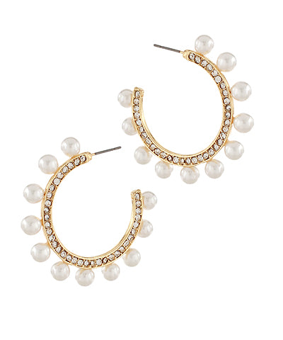 Pearl Dotted Pave Crystal Metal Hoops