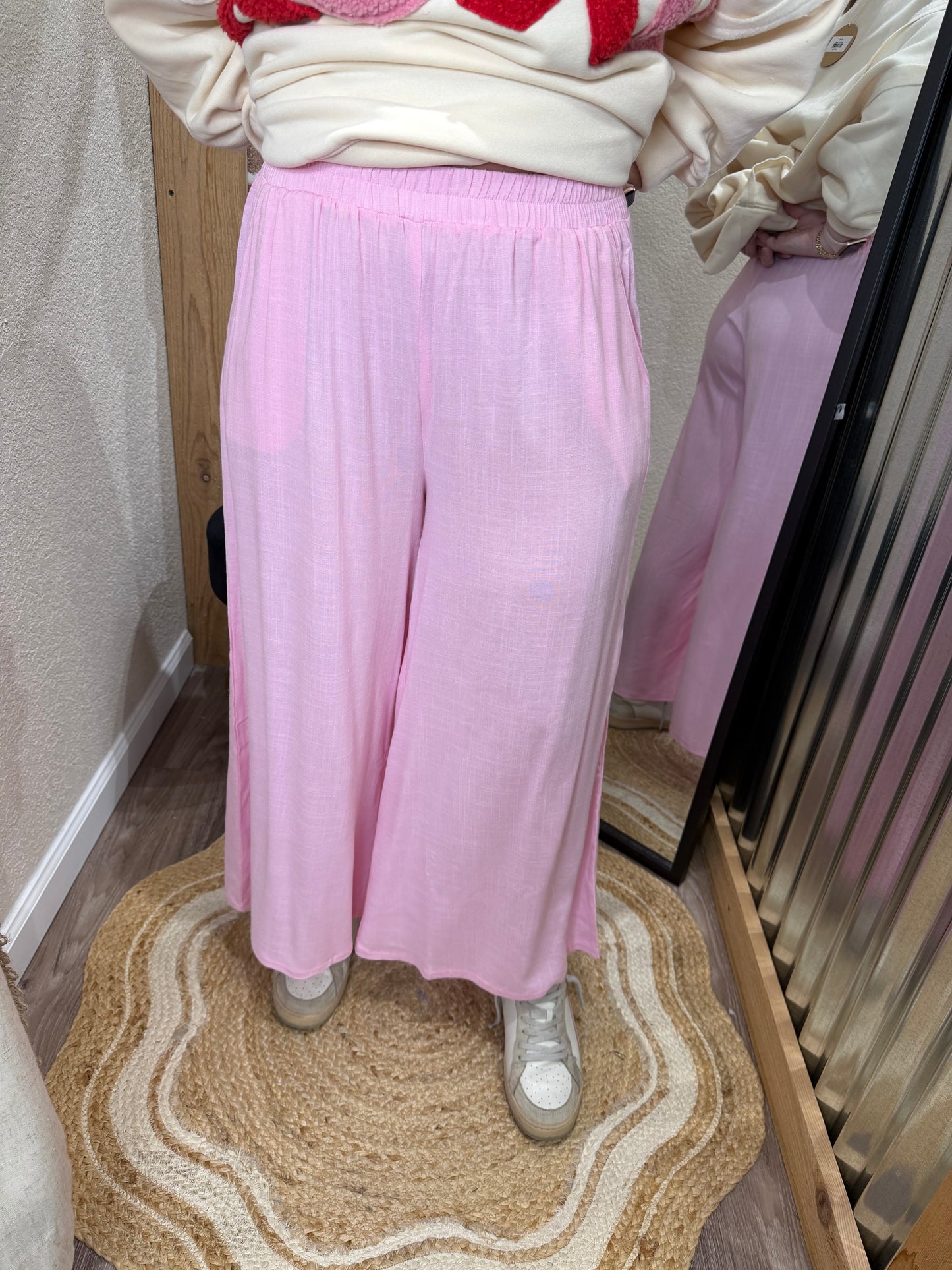 LT PINK | WOVEN ELASTIC BAND PANTS WITH POCKET
